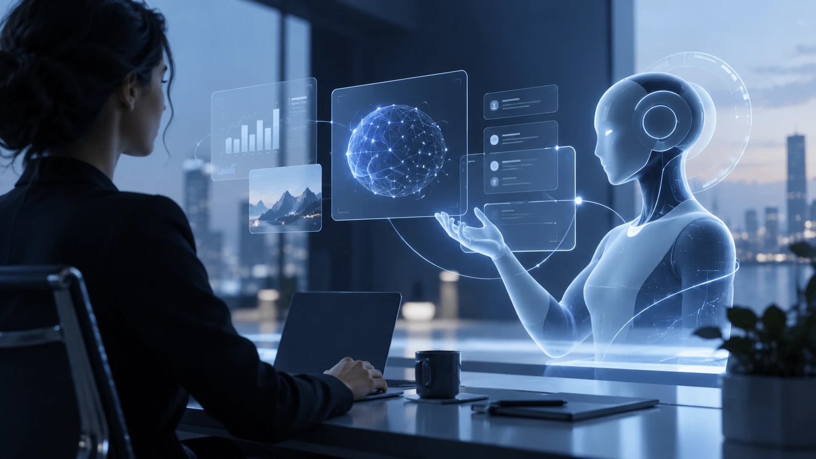 Escena conceptual de inteligencia artificial aplicada al trabajo