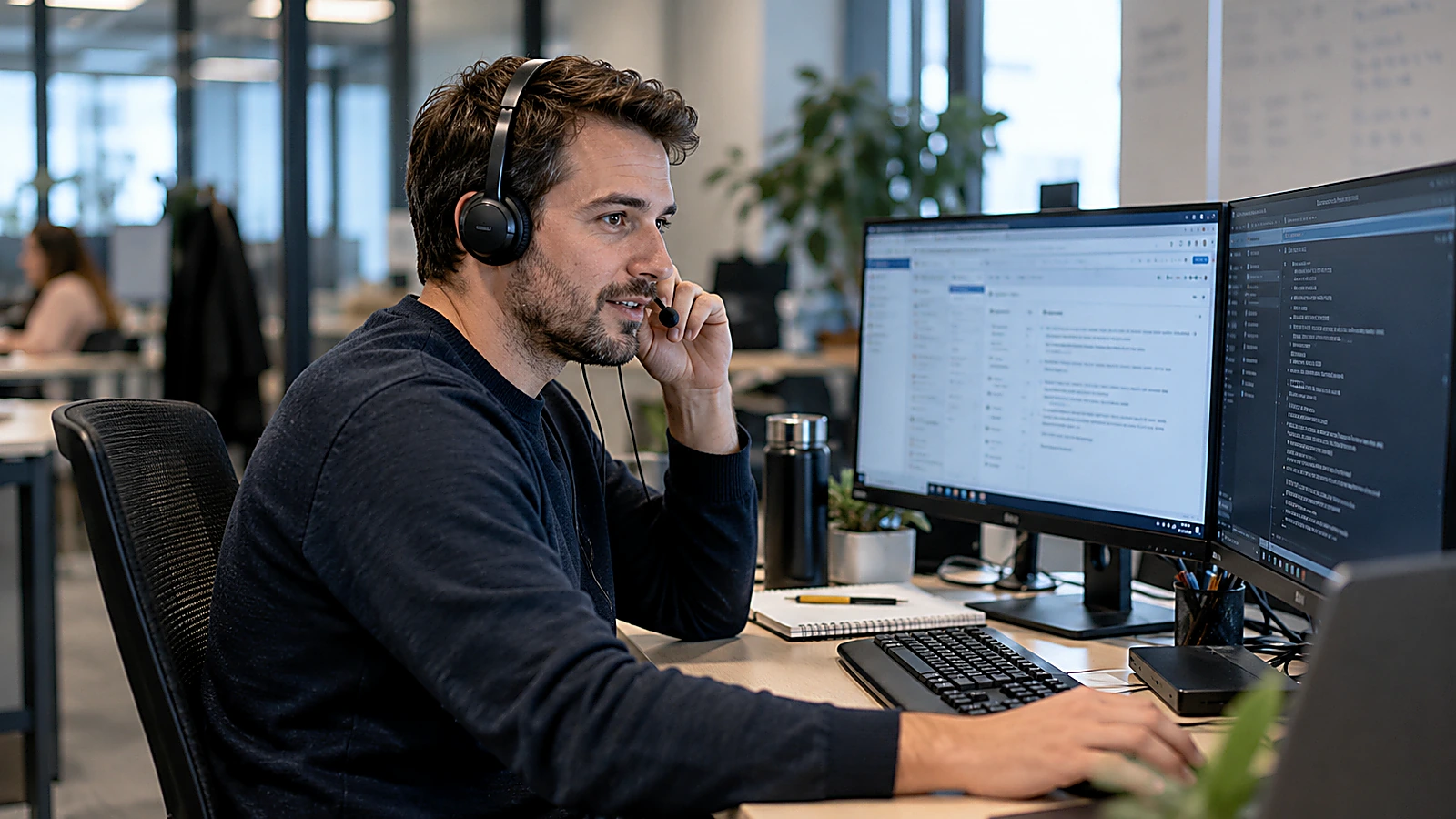 Técnico de soporte informático atendiendo a un cliente por teléfono en un entorno profesional